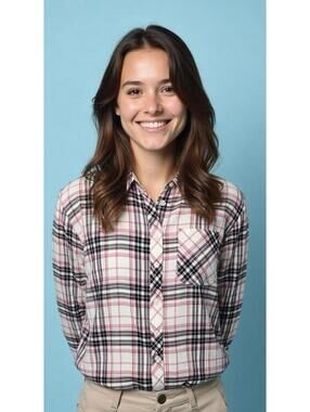 TALBOTS Cotton Plaid Roll-Tab Sleeve Button Down in Black|Pink-Size Large